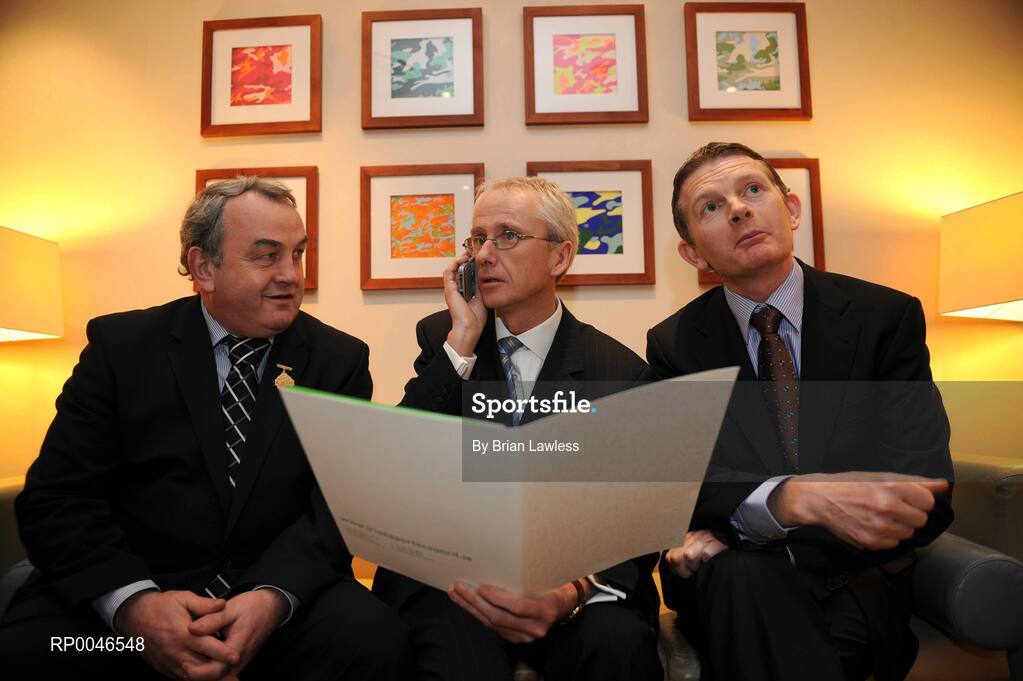 24 January 2008; John Treacy, CEO of the Irish Sports Council, centre, with President of the GAA Nickey Brennan, left, and CEO of Athletics Ireland Brendan Hackett, at the announcement of details of the Irish Sports Council Budget for 2008. The wide range of Irish sports, from angling to volleyball, gathered today to hear the Minister for Arts, Sport and Tourism, Mr. Seamus Brennan T.D. announce Ä13.5 million in funding for governing bodies for 2008. Conrad Dublin Hotel, Earlsfort Terrace, Dublin. Picture credit: Brian Lawless / SPORTSFILE