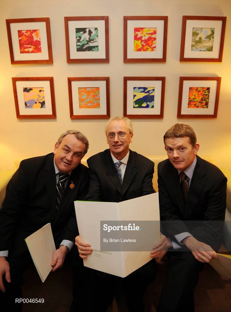 24 January 2008; John Treacy, CEO of the Irish Sports Council, centre, with President of the GAA Nickey Brennan, left, and CEO of Athletics Ireland Brendan Hackett, at the announcement of details of the Irish Sports Council Budget for 2008. The wide range of Irish sports, from angling to volleyball, gathered today to hear the Minister for Arts, Sport and Tourism, Mr. Seamus Brennan T.D. announce Ä13.5 million in funding for governing bodies for 2008. Conrad Dublin Hotel, Earlsfort Terrace, Dublin. Picture credit: Brian Lawless / SPORTSFILE