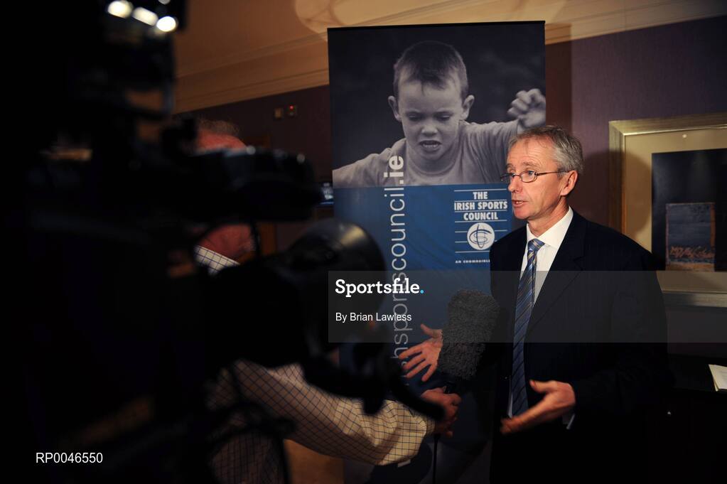 24 January 2008; John Treacy, CEO of the Irish Sports Council, is interviewed for TV at the announcement of details of the Irish Sports Council Budget for 2008. The wide range of Irish sports, from angling to volleyball, gathered today to hear the Minister for Arts, Sport and Tourism, Mr. Seamus Brennan T.D. announce Ä13.5 million in funding for governing bodies for 2008. Conrad Dublin Hotel, Earlsfort Terrace, Dublin. Picture credit: Brian Lawless / SPORTSFILE