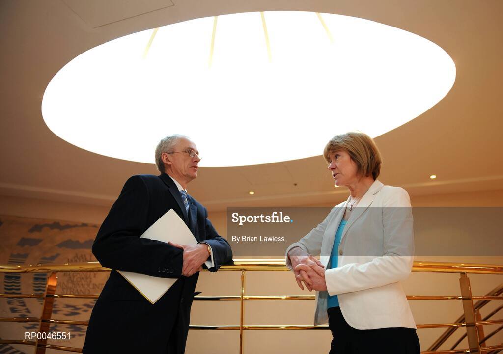 24 January 2008; John Treacy, CEO of the Irish Sports Council, left, in conversation with Mary Davis, CEO Special Olympics Ireland, at the announcement of details of the Irish Sports Council Budget for 2008. The wide range of Irish sports, from angling to volleyball, gathered today to hear the Minister for Arts, Sport and Tourism, Mr. Seamus Brennan T.D. announce Ä13.5 million in funding for governing bodies for 2008. Conrad Dublin Hotel, Earlsfort Terrace, Dublin. Picture credit: Brian Lawless / SPORTSFILE