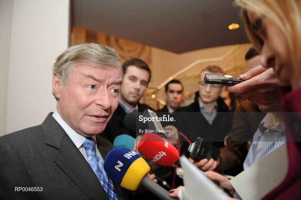 24 January 2008; Mr. Seamus Brennan T.D. speaking to journalists at the announcement of details of the Irish Sports Council Budget for 2008. The wide range of Irish sports, from angling to volleyball, gathered today to hear the Minister for Arts, Sport and Tourism, Mr. Seamus Brennan T.D. announce Ä13.5 million in funding for governing bodies for 2008. Conrad Dublin Hotel, Earlsfort Terrace, Dublin. Picture credit: Brian Lawless / SPORTSFILE