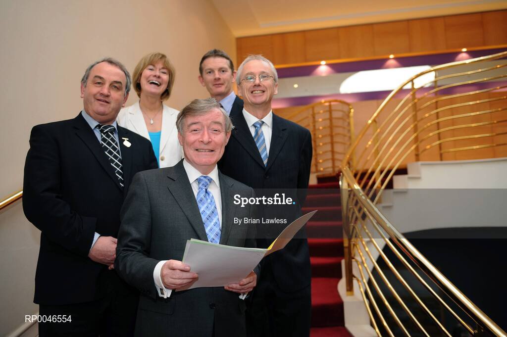 24 January 2008; Minister for Arts, Sport and Tourism, Mr. Seamus Brennan T.D., with, from left, President of the GAA Nickey Brennan, CEO Special Olympics Ireland Mary Davis, CEO of Athletics Ireland Brendan Hackett, and CEO of the Irish Sports Council John Treacy, at the announcement of details of the Irish Sports Council Budget for 2008. The wide range of Irish sports, from angling to volleyball, gathered today to hear the Minister for Arts, Sport and Tourism, Mr. Seamus Brennan T.D. announce Ä13.5 million in funding for governing bodies for 2008. Conrad Dublin Hotel, Earlsfort Terrace, Dublin. Picture credit: Brian Lawless / SPORTSFILE