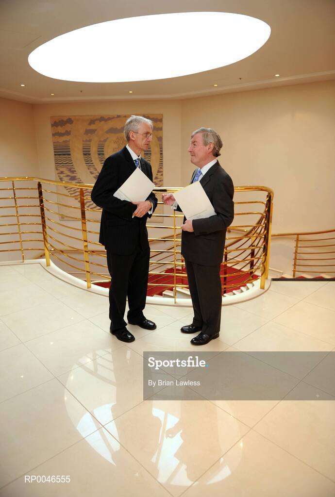 24 January 2008; Minister for Arts, Sport and Tourism, Mr. Seamus Brennan T.D., in conversation with CEO of the Irish Sports Council John Treacy, at the announcement of details of the Irish Sports Council Budget for 2008. The wide range of Irish sports, from angling to volleyball, gathered today to hear the Minister for Arts, Sport and Tourism, Mr. Seamus Brennan T.D. announce Ä13.5 million in funding for governing bodies for 2008. Conrad Dublin Hotel, Earlsfort Terrace, Dublin. Picture credit: Brian Lawless / SPORTSFILE