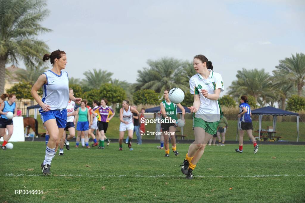 25 January 2008; Lorraine Muckian, Laois, right, passes to Emer Flaherty, Galway, during squad training. O'Neills/TG4 Ladies Gaelic Football All Star Tour 2007, Dubai Polo and Equestrian Club, Dubai, United Arab Emirates. Picture credit: Brendan Moran / SPORTSFILE  *** Local Caption ***