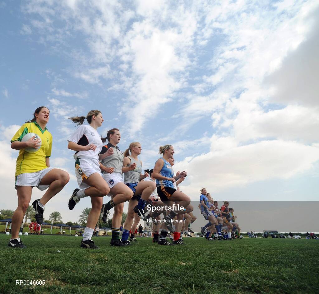 25 January 2008; Members of the 2006 and 2007 Allstars teams including, from left, Gemma Begley, Tyrone, Alma O'Donnell, Caoimh Marley, both Armagh, Deirdre O'Reilly and Brid Stack, both Cork, during squad training. O'Neills/TG4 Ladies Gaelic Football All Star Tour 2007, Dubai Polo and Equestrian Club, Dubai, United Arab Emirates. Picture credit: Brendan Moran / SPORTSFILE  *** Local Caption ***