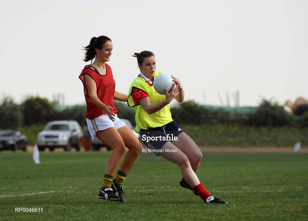 25 January 2008; Sinead Dooney, Meath and 2006 Allstars, in action against Sinead Brennan, Leitrim and 2007 Allstars, during squad training. O'Neills/TG4 Ladies Gaelic Football All Star Tour 2007, Dubai Polo and Equestrian Club, Dubai, United Arab Emirates. Picture credit: Brendan Moran / SPORTSFILE  *** Local Caption ***