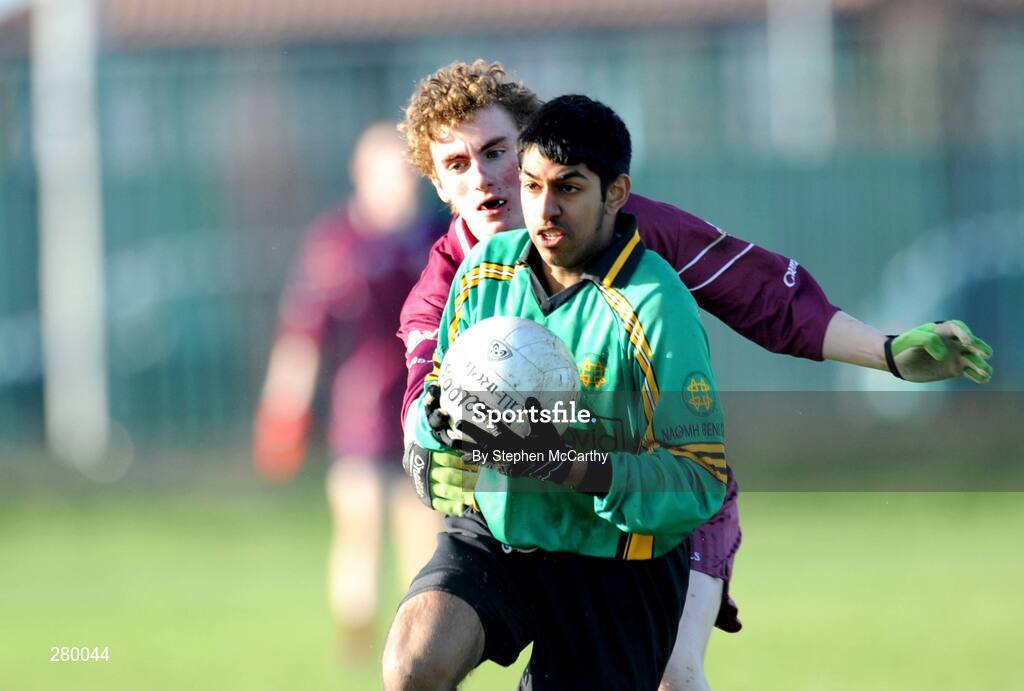 24 January 2008; Moosa Patel, St Benildus, in action against Carl Mullen, Franciscan College. Leinster Colleges Senior Football Championship 'A' Round 2, St Benildus College, green, v Franciscan College Gormanston, marron, Kilmacud, Dublin. Picture credit; Stephen McCarthy / SPORTSFILE *** Local Caption ***