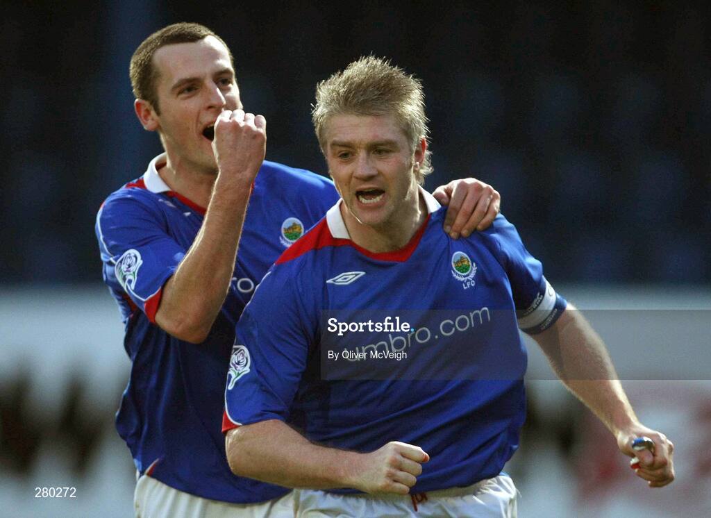 26 January 2008; Linfield's William Murphy, right, celebrates his last minute winning goal with team-mate Oran Kearney. Carnegie Premier League, Linfield v Armagh City, Windsor Park, Belfast, Co Antrim. Picture credit; Oliver McVeigh / SPORTSFILE