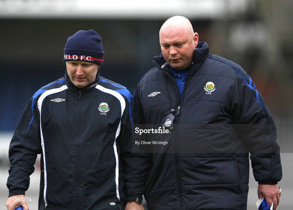 26 January 2008; Linfield manager David Jeffrey, right, leaves the pitch with his assistant Brian McLaughlin. Carnegie Premier League, Linfield v Armagh City, Windsor Park, Belfast, Co Antrim. Picture credit; Oliver McVeigh / SPORTSFILE