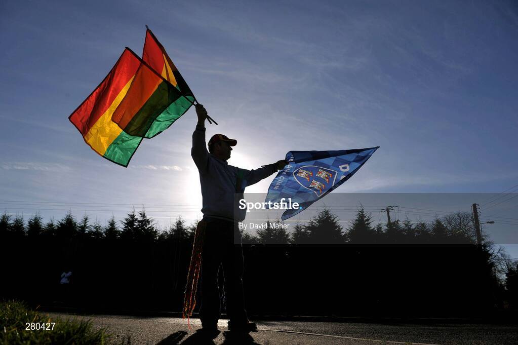 27 January 2008; Street trader Christy Robinson, from Dublin, selling flags before the Carlow and Dublin game. O'Byrne cup semi-final replay, Carlow v Dublin, Dr. Cullen Park, Carlow. Picture credit: David Maher / SPORTSFILE