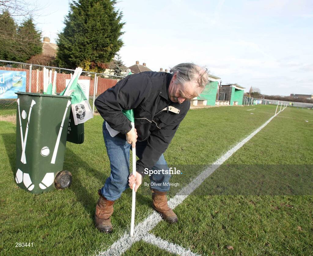 27 January 2008; Groundsman Cyril Roche, from Wexford, putting out the flags before the match. AIB All-Ireland Club Football Championship Quarter-Final, Tir Chonaill Gaels v Crossmaglen Rangers, Emerald Gaelic Grounds, Ruislip, London, England. Picture credit: Oliver McVeigh / SPORTSFILE