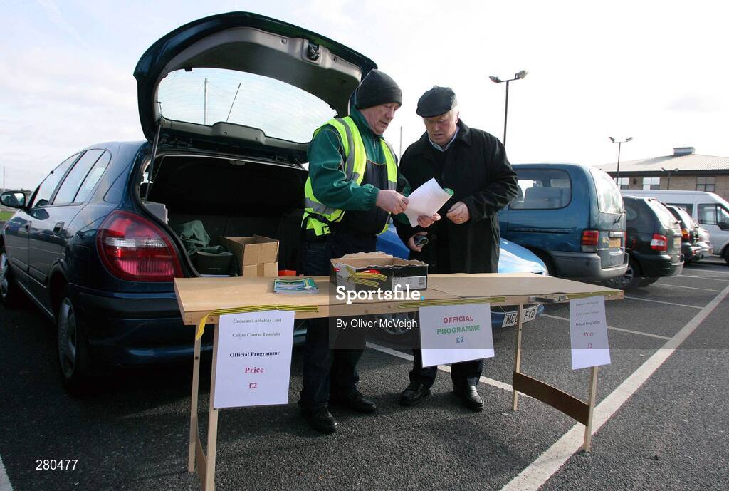 27 January 2008; Tony Nolan, Kerry, and John O'Neill, Derry, selling programmes before the game. AIB All-Ireland Club Football Championship Quarter-Final, Tir Chonaill Gaels v Crossmaglen Rangers, Emerald Gaelic Grounds, Ruislip, London, England. Picture credit: Oliver McVeigh / SPORTSFILE