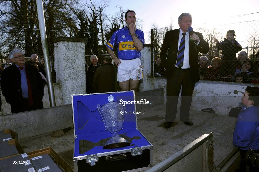 27 January 2008; Tipperary captain Eoin Kelly and John Costigan, Tipperary county board chairman, before the Waterford Crystal Cup presentation. Waterford Crystal Cup Final, Tipperary v Waterford, JK Brackens GAA Club, Templemore, Co. Tipperary. Picture credit; Matt Browne / SPORTSFILE