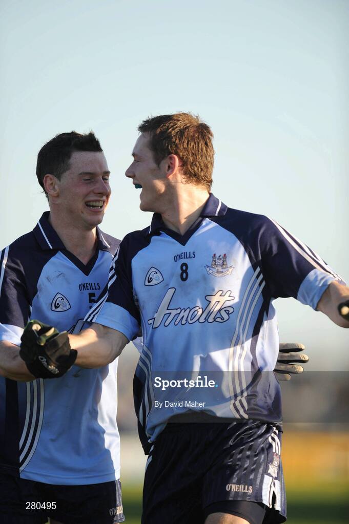 27 January 2008;  Dublin players, Philip McMahon, left, and Paul Flynn, celebrate at the end of the game. O'Byrne cup semi-final replay, Carlow v Dublin, Dr. Cullen Park, Carlow. Picture credit: David Maher / SPORTSFILE