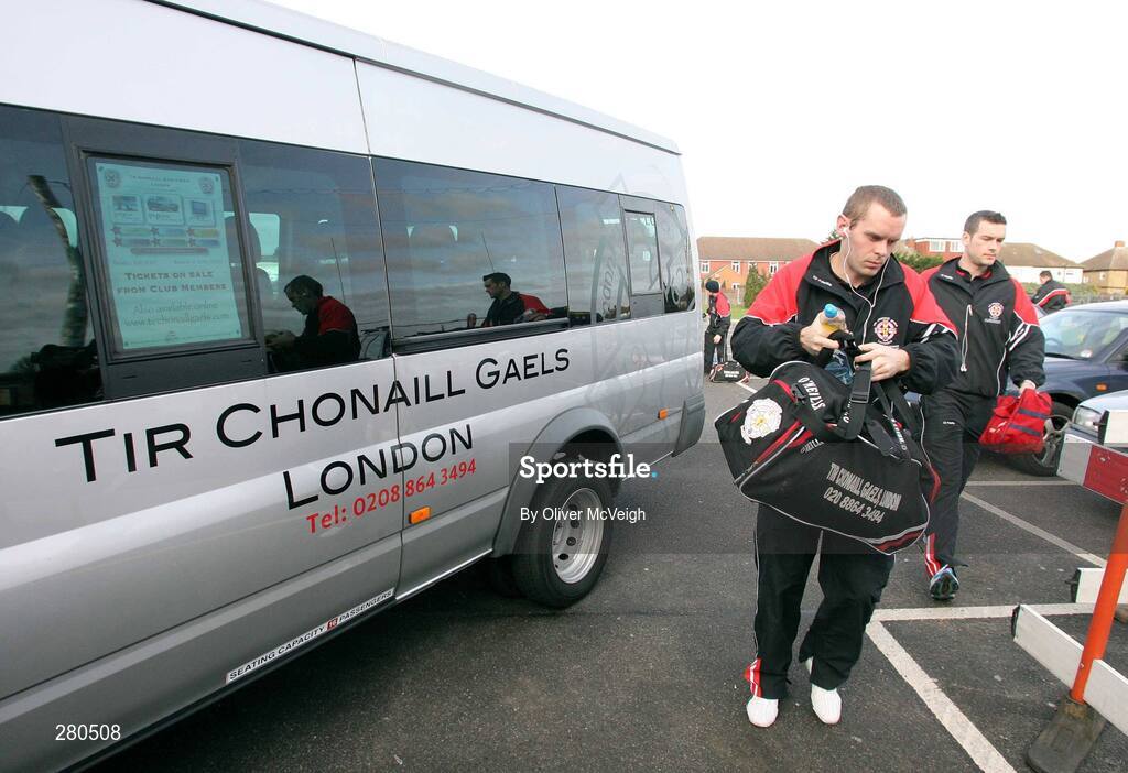 27 January 2008; Peter Mooney and Hughie Cunningham, Tir Chonaill Gaels, arrive for the game. AIB All-Ireland Club Football Championship Quarter-Final, Tir Chonaill Gaels v Crossmaglen Rangers, Emerald Gaelic Grounds, Ruislip, London, England. Picture credit: Oliver McVeigh / SPORTSFILE