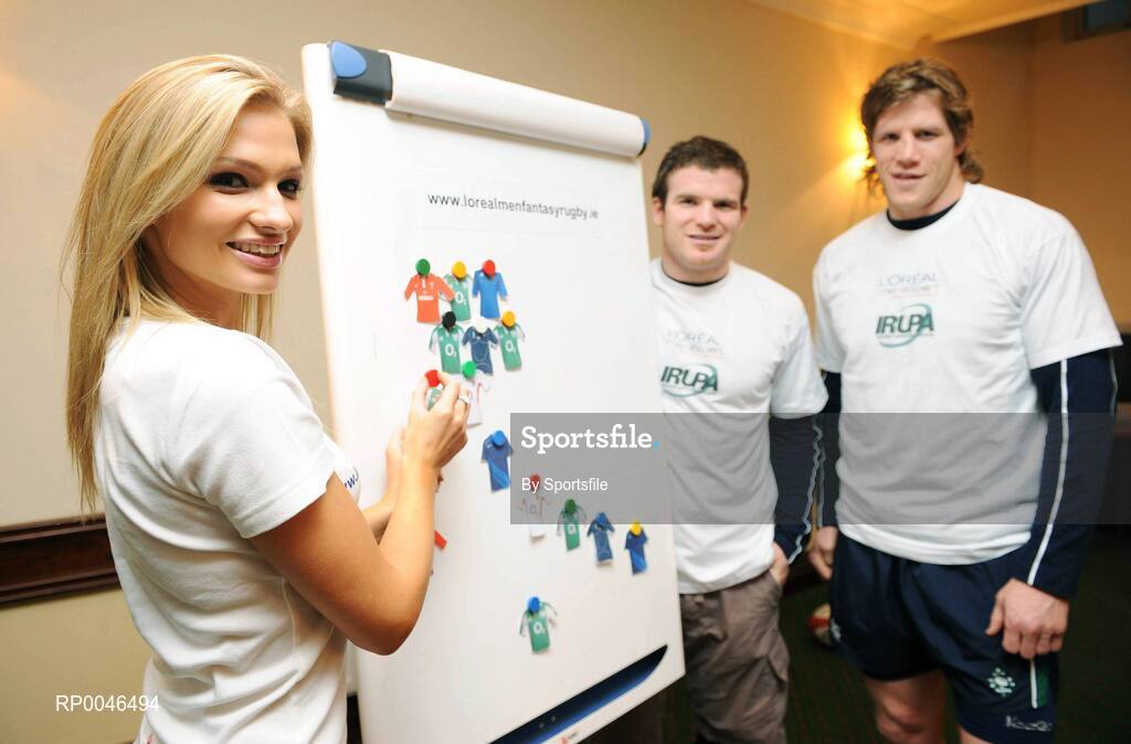 27 January 2008; Pictured at the launch of the L'Oreal Men Fantasy Rugby League were Ireland Rugby players Gordon D'Arcy, left, and Simon Easterby with model Sarah Kavanagh. Rugby fans can pick their dream team for the 6 Nations tournament on www.lorealmenfantasyrugby.ie to be in with a chance of winning a Sanyo plasma TV. Fitzpatrick Castle Hotel, Killiney, Co. Dublin. Photo by Sportsfile