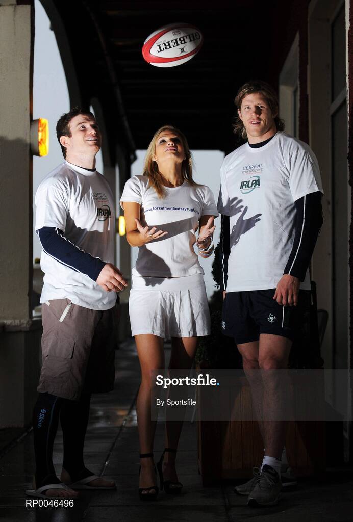 27 January 2008; Pictured at the launch of the L'Oreal Men Fantasy Rugby League were Ireland Rugby players Gordon D'Arcy, left, and Simon Easterby with model Sarah Kavanagh. Rugby fans can pick their dream team for the 6 Nations tournament on www.lorealmenfantasyrugby.ie to be in with a chance of winning a Sanyo plasma TV. Fitzpatrick Castle Hotel, Killiney, Co. Dublin. Photo by Sportsfile