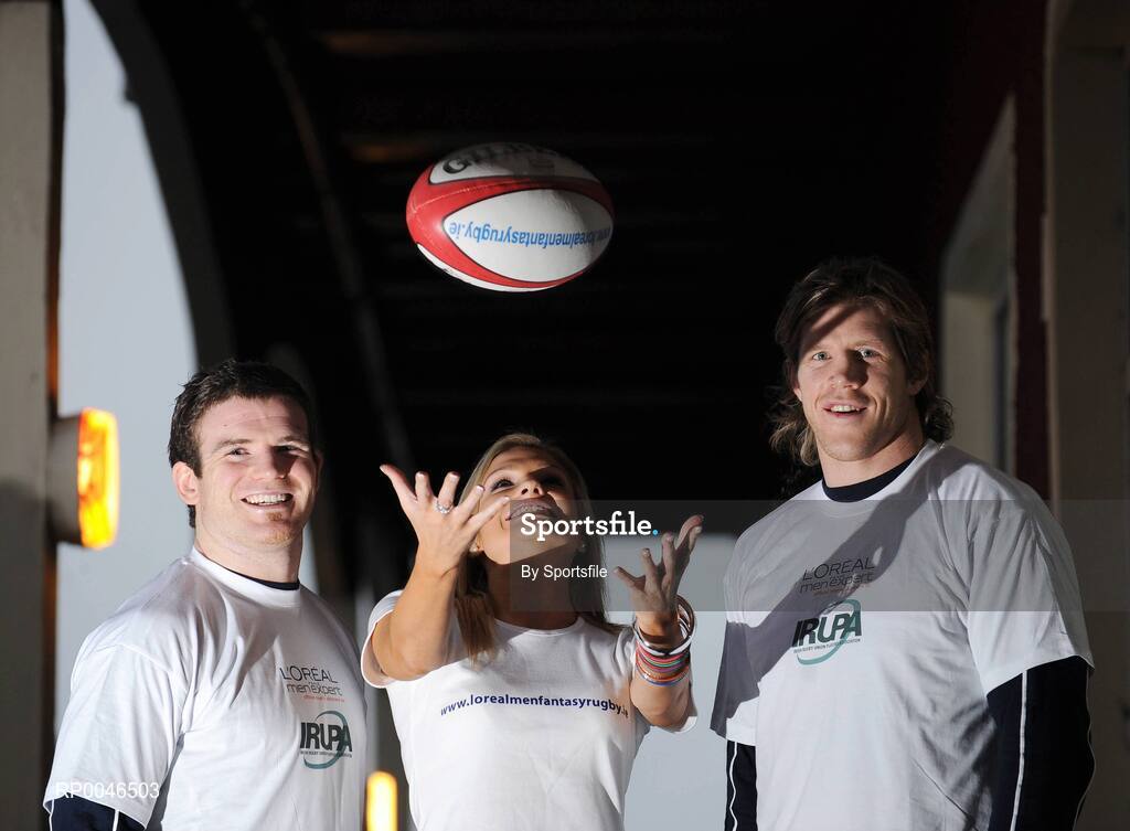 27 January 2008; Pictured at the launch of the L'Oreal Men Fantasy Rugby League were Ireland Rugby players Gordon D'Arcy and Simon Easterby with model Sarah Kavanagh. Rugby fans can pick their dream team for the 6 Nations tournament on www.lorealmenfantasyrugby.ie to be in with a chance of winning a Sanyo plasma TV. Fitzpatrick Castle Hotel, Killiney, Co. Dublin. Photo by Sportsfile