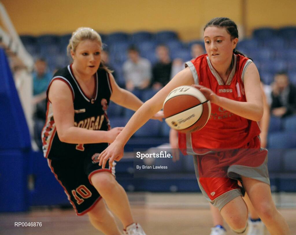 29 January 2008; Ailish O'Reilly, Calasanctius Oranmore, in action against Aoife Daly, Presentation Castleisland. U16A Girls, All-Ireland Schools Basketball Cup Final, Presentation Castleisland, Kerry v Calasanctius Oranmore, Galway, National Basketball Arena, Tallaght, Dublin. Picture credit: Brian Lawless / SPORTSFILE