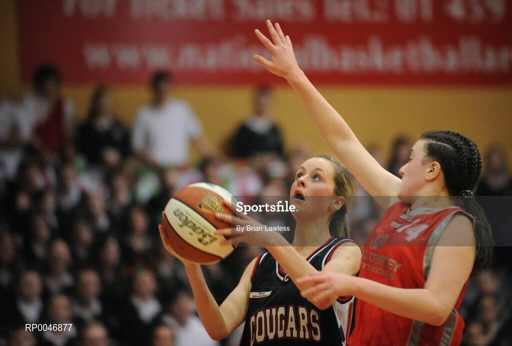 29 January 2008; Louise Joyce, Presentation Castleisland, in action against Ailish O'Reilly, Calasanctius Oranmore. U16A Girls, All-Ireland Schools Basketball Cup Final, Presentation Castleisland, Kerry v Calasanctius Oranmore, Galway, National Basketball Arena, Tallaght, Dublin. Picture credit: Brian Lawless / SPORTSFILE
