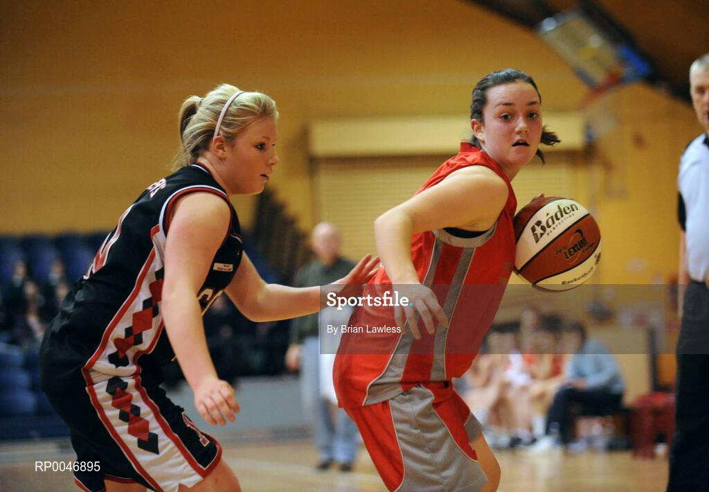 29 January 2008; Ciara Newell, Calasanctius Oranmore, in action against Julie Ann Twomey, Presentation Castleisland. U16A Girls, All-Ireland Schools Basketball Cup Final, Presentation Castleisland, Kerry v Calasanctius Oranmore, Galway, National Basketball Arena, Tallaght, Dublin. Picture credit: Brian Lawless / SPORTSFILE