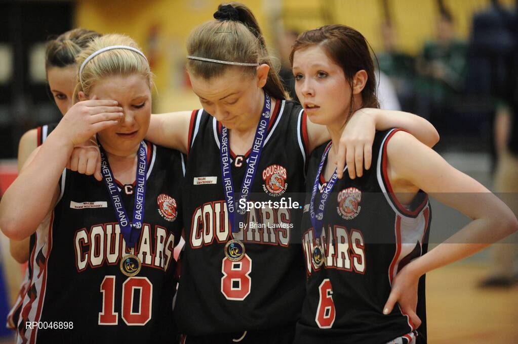 29 January 2008; Presentation Castleisland players, from left, Aoife Daly, Terri Stack, and Maura Conroy, after defeat in the final. U16A Girls, All-Ireland Schools Basketball Cup Final, Presentation Castleisland, Kerry v Calasanctius Oranmore, Galway, National Basketball Arena, Tallaght, Dublin. Picture credit: Brian Lawless / SPORTSFILE