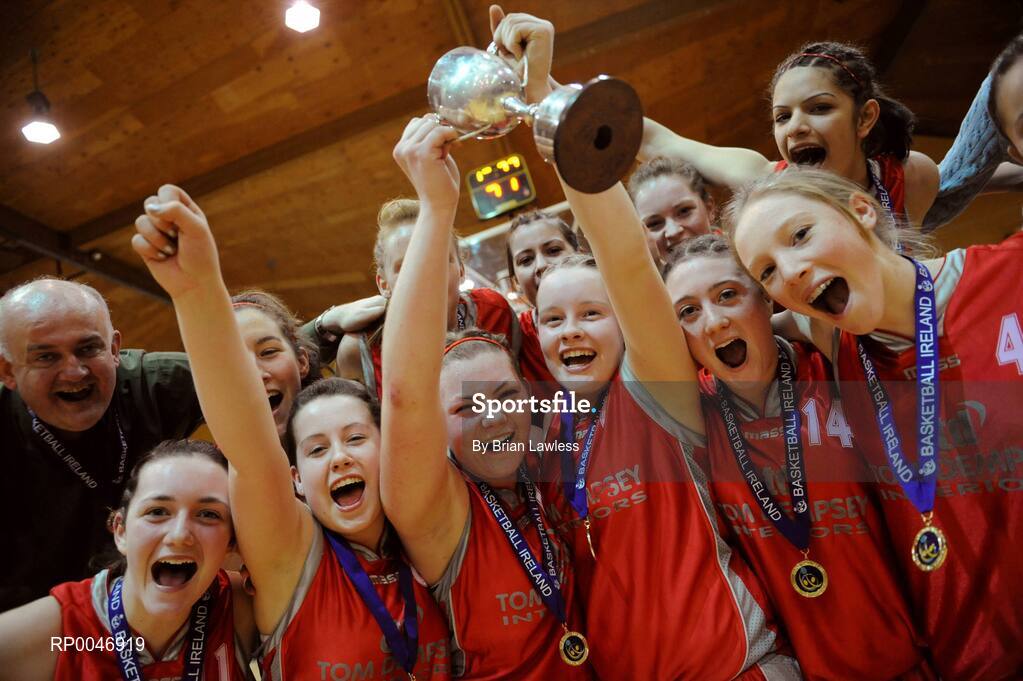 29 January 2008; The Calasanctius Oranmore team celebrate with the Cup. U16A Girls, All-Ireland Schools Basketball Cup Final, Presentation Castleisland, Kerry v Calasanctius Oranmore, Galway, National Basketball Arena, Tallaght, Dublin. Picture credit: Brian Lawless / SPORTSFILE