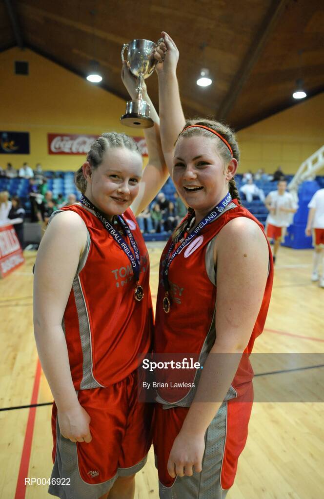 29 January 2008; Joint captains Kate Lyons, left, and Lorraine Reynolds, Calasanctius Oranmore, lift the cup. U16A Girls, All-Ireland Schools Basketball Cup Final, Presentation Castleisland, Kerry v Calasanctius Oranmore, Galway, National Basketball Arena, Tallaght, Dublin. Picture credit: Brian Lawless / SPORTSFILE
