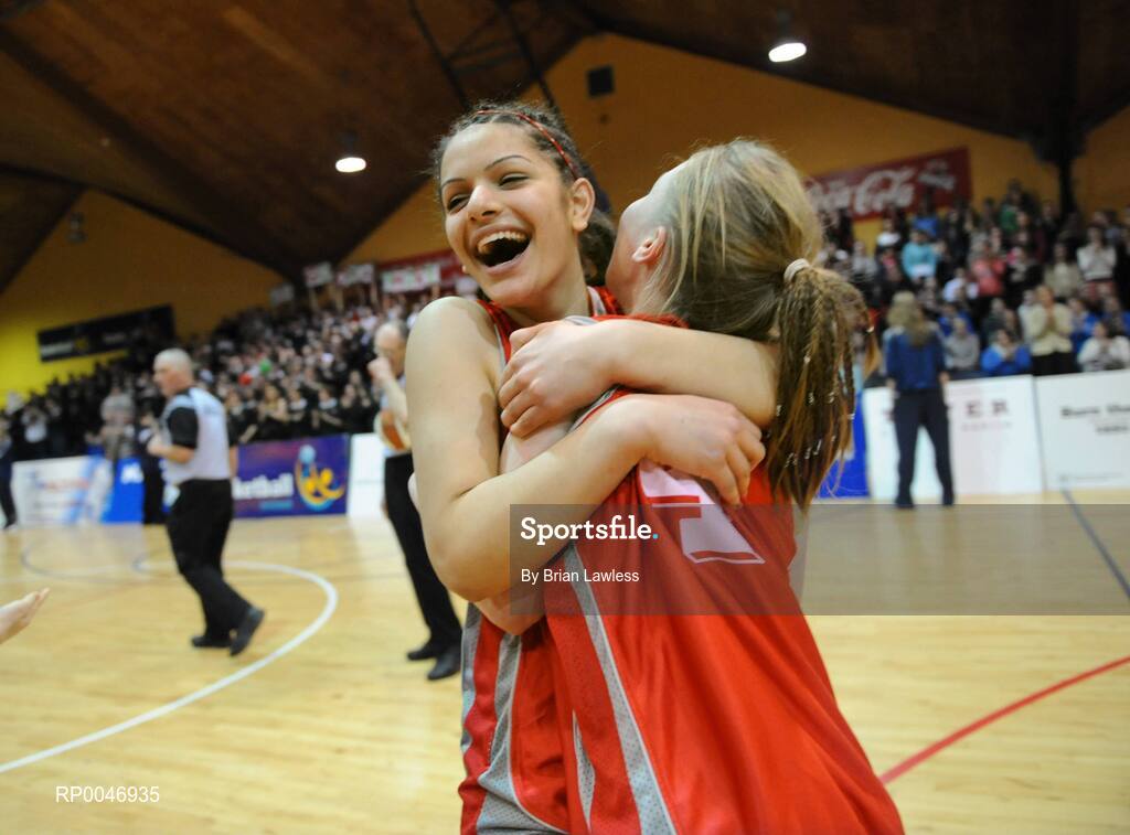 29 January 2008; Lua Rahmani, left, and Vanessa Brennan, Calasanctius Oranmore, celebrate after the match. U16A Girls, All-Ireland Schools Basketball Cup Final, Presentation Castleisland, Kerry v Calasanctius Oranmore, Galway, National Basketball Arena, Tallaght, Dublin. Picture credit: Brian Lawless / SPORTSFILE