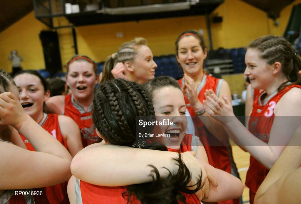29 January 2008; Helena Lyons, Calasanctius Oranmore, celebrates with team-mate Sarah Drislane after the match. U16A Girls, All-Ireland Schools Basketball Cup Final, Presentation Castleisland, Kerry v Calasanctius Oranmore, Galway, National Basketball Arena, Tallaght, Dublin. Picture credit: Brian Lawless / SPORTSFILE