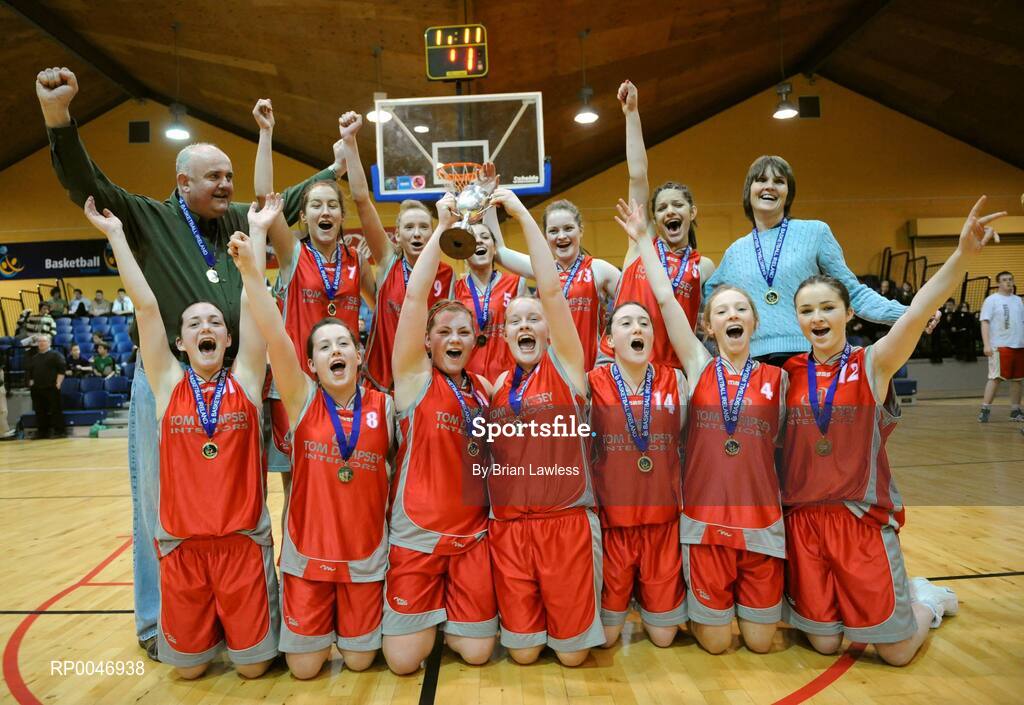 29 January 2008; The Calasanctius Oranmore team celebrate with the cup. U16A Girls, All-Ireland Schools Basketball Cup Final, Presentation Castleisland, Kerry v Calasanctius Oranmore, Galway, National Basketball Arena, Tallaght, Dublin. Picture credit: Brian Lawless / SPORTSFILE
