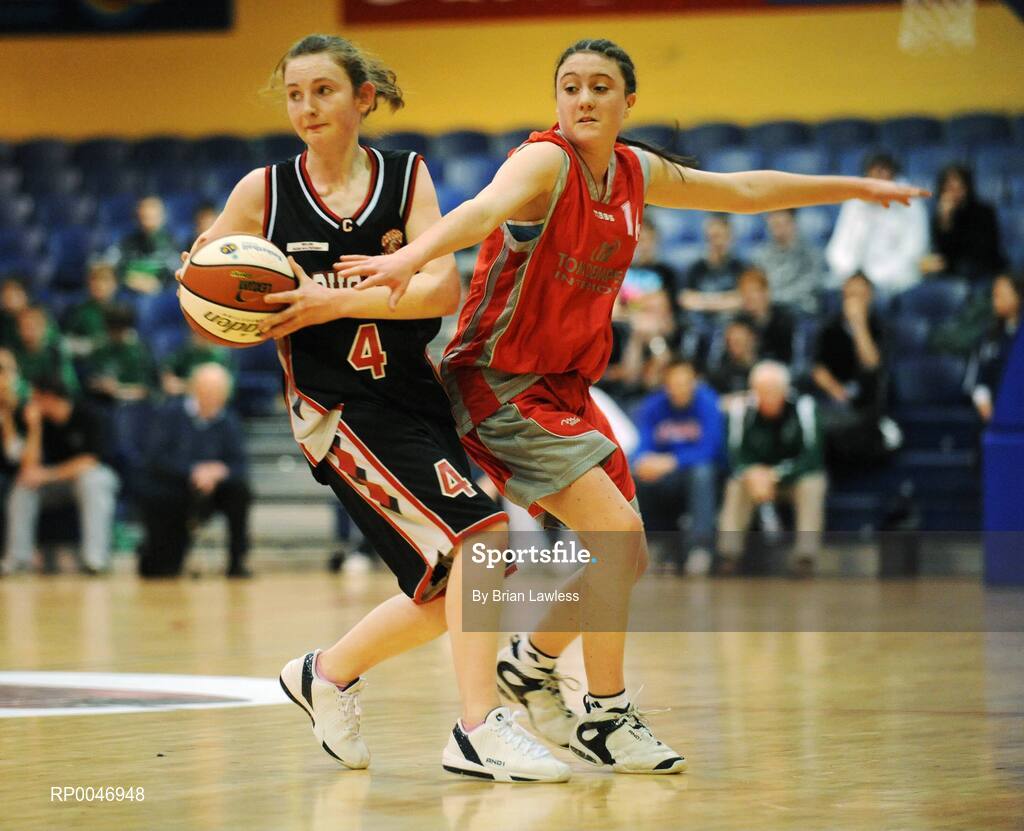 29 January 2008; Cait Lynch, Presentation Castleisland, in action against Ailish O'Reilly, Calasanctius Oranmore. U16A Girls, All-Ireland Schools Basketball Cup Final, Presentation Castleisland, Kerry v Calasanctius Oranmore, Galway, National Basketball Arena, Tallaght, Dublin. Picture credit: Brian Lawless / SPORTSFILE
