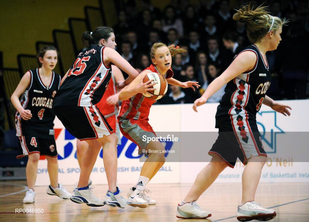29 January 2008; Caitriona Foley, Calasanctius Oranmore, in action against Louise O'Connor, Presentation Castleisland. U16A Girls, All-Ireland Schools Basketball Cup Final, Presentation Castleisland, Kerry, v Calasanctius Oranmore, Galway, National Basketball Arena, Tallaght, Dublin. Picture credit: Brian Lawless / SPORTSFILE