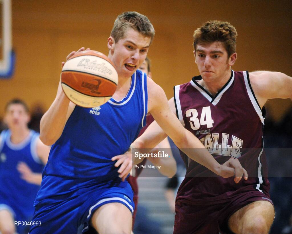 30 January 2008; John Kerr, Heywood Community School, in action against Lorcan Gregorian, De La Salle Churchtown. U19C Boys, All-Ireland Schools Basketball Cup Final, Heywood Community School, Laois v De La Salle Churchtown, Dublin, National Basketball Arena, Tallaght, Dublin. Picture credit: Pat Murphy / SPORTSFILE