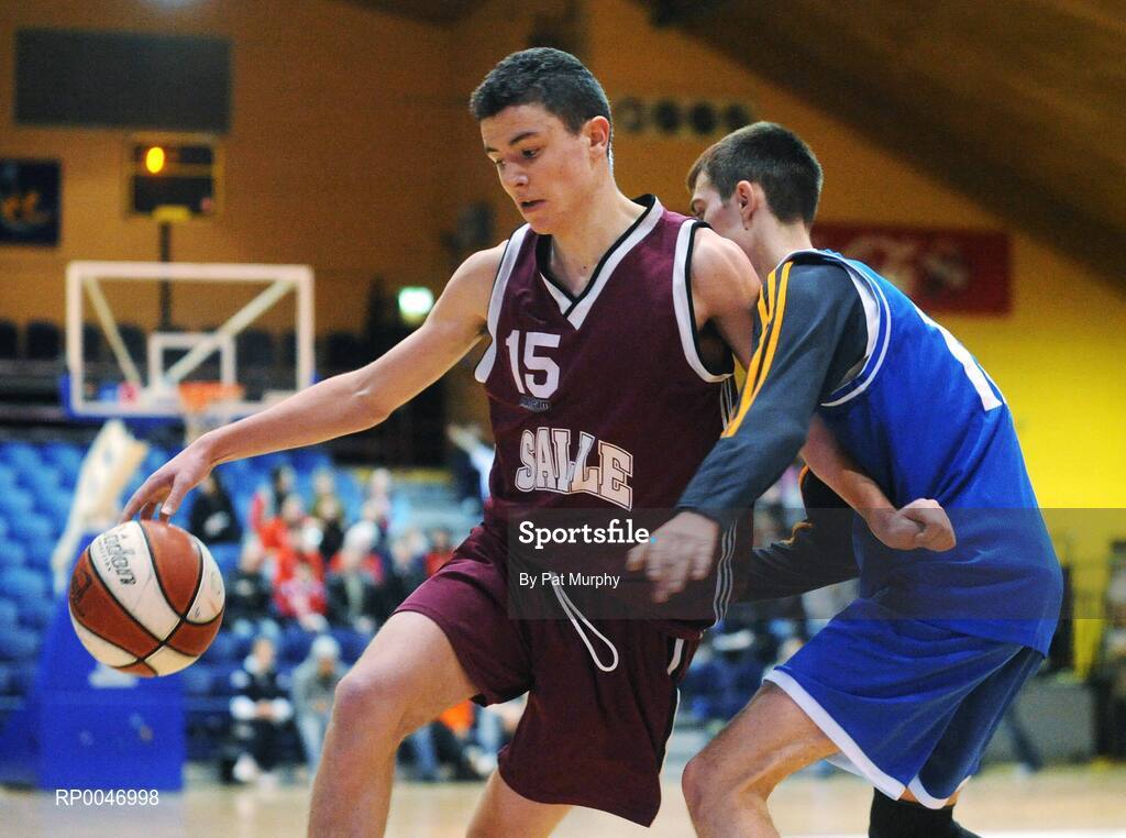 30 January 2008; Patrick Young, De La Salle Churchtown, in action against Davidas Stepocenka, Heywood Community School. U19C Boys, All-Ireland Schools Basketball Cup Final, Heywood Community School, Laois v De La Salle Churchtown, Dublin, National Basketball Arena, Tallaght, Dublin. Picture credit: Pat Murphy / SPORTSFILE