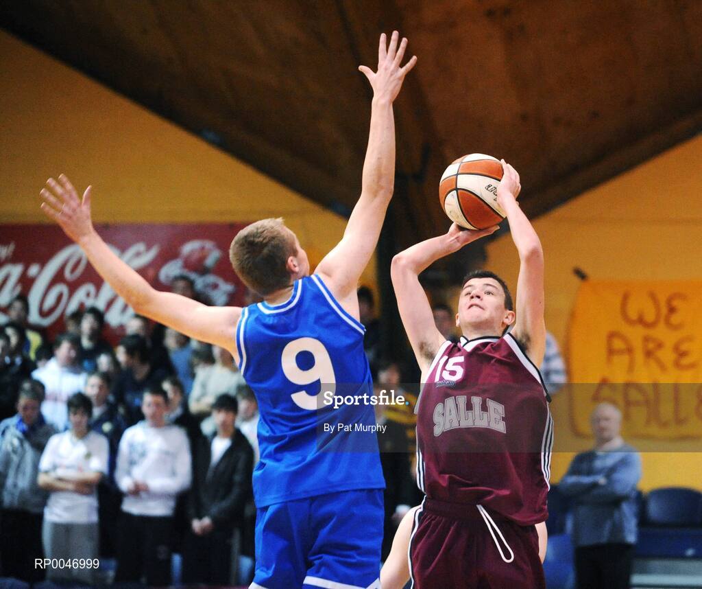 30 January 2008; Patrick Young, De La Salle Churchtown, in action against John Kerr, Heywood Community School. U19C Boys, All-Ireland Schools Basketball Cup Final, Heywood Community School, Laois v De La Salle Churchtown, Dublin, National Basketball Arena, Tallaght, Dublin. Picture credit: Pat Murphy / SPORTSFILE