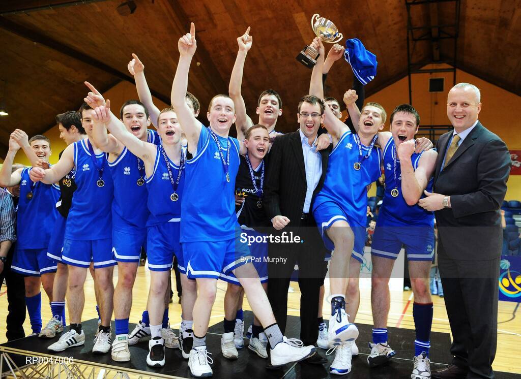 30 January 2008; Heywood Community School captain John Kerr lifts the cup alonside his team-mates. U19C Boys, All-Ireland Schools Basketball Cup Final, Heywood Community School, Laois v De La Salle Churchtown, Dublin, National Basketball Arena, Tallaght, Dublin. Picture credit: Pat Murphy / SPORTSFILE