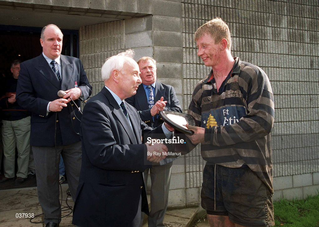 29 April 2000; IRFU President Billy Lavery presents the AIB All-Ireland League Division 2 trophy to Blackrock captain Leo Cullen, in the presence of Jim Leydon, left, Blackrock Club President and Michael Carew, AIB Bank, following the AIB All-Ireland League Division 2 match between Blackrock College and Old Crescent at Stradbrook Road in Dublin. Photo by Ray McManus/Sportsfile