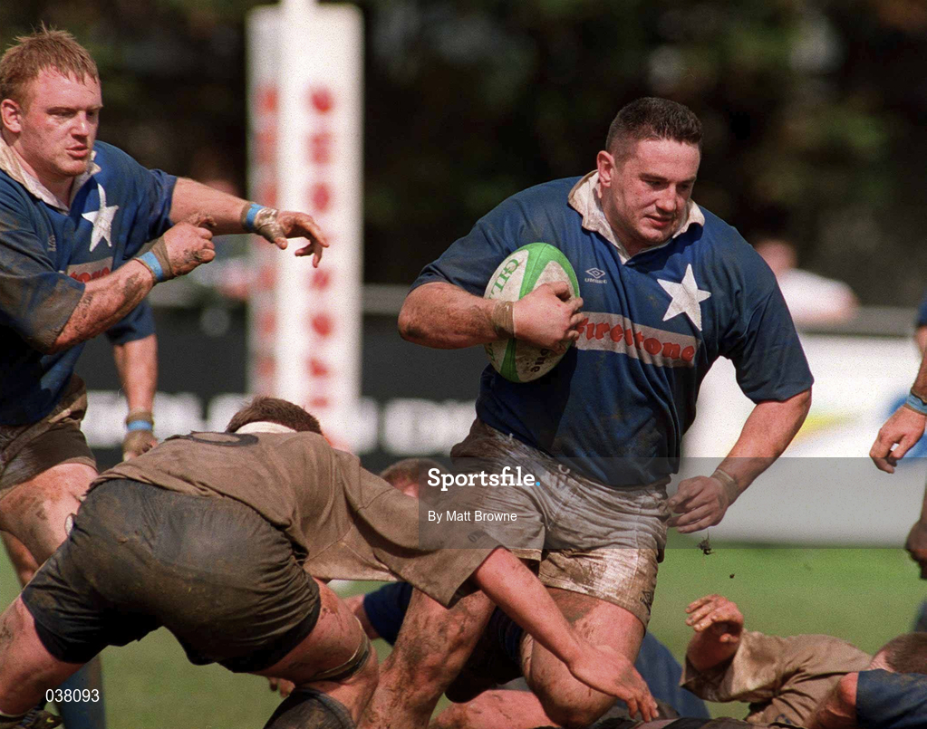 29 April 2000; David Clare of St Mary's is tackled by Ultan O'Callaghan of Cork Constitution during the AIB All-Ireland League Division 1 match between St Mary’s and Cork Constitution at Templeville Road in Dublin. Photo by Matt Browne/Sportsfile