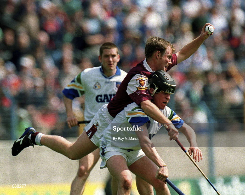 30 April 2000; Finbar Gantley of Galway in action against Dave Bennett of Waterford during the Church & General National Hurling League Division 1 Semi-Final match between Galway and Waterford at Semple Stadium in Thurles, Tipperary. Photo by Ray McManus/Sportsfile