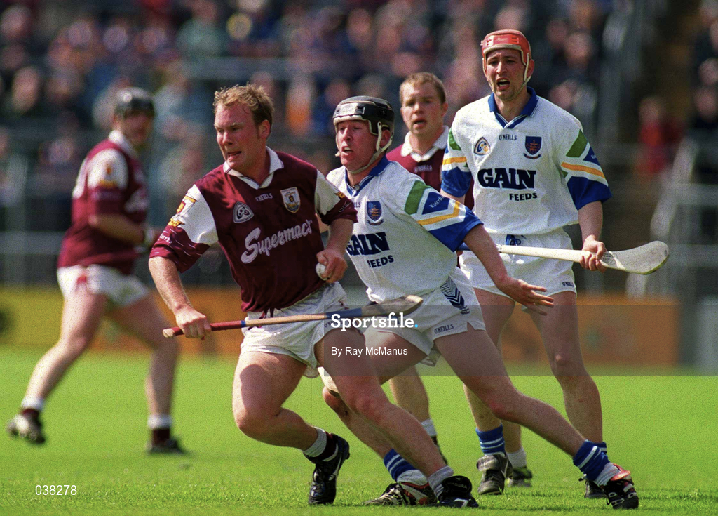 30 April 2000; Finbar Gantley of Galway in action against Dave Bennett of Waterford during the Church & General National Hurling League Division 1 Semi-Final match between Galway and Waterford at Semple Stadium in Thurles, Tipperary. Photo by Ray McManus/Sportsfile