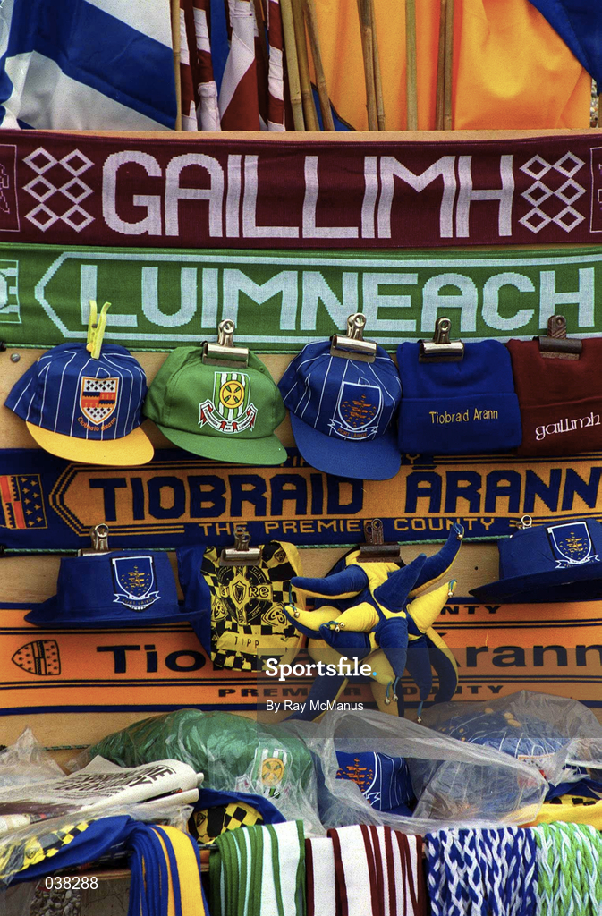 30 April 2000; A view of county scarfs and flags prior to the Church & General National Hurling League Division 1 Semi-Final match between Galway and Waterford at Semple Stadium in Thurles, Tipperary. Photo by Ray McManus/Sportsfile