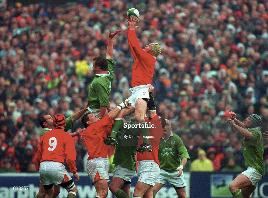 1 April 2000; Ian Gough of Wales takes possession in a line-out ahead of Mick Galwey of Ireland during the Lloyds TSB 6 Nations match between Ireland and Wales at Lansdowne Road in Dublin. Photo by Damien Eagers/Sportsfile