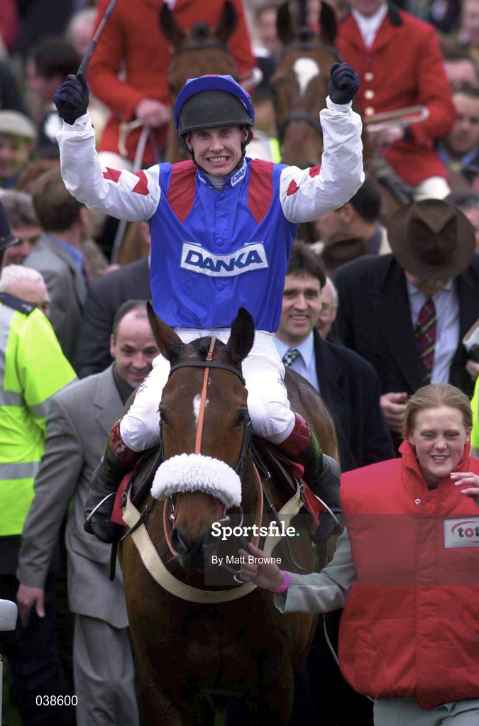16 March 2000; Jockey Richard Johnson celebrates after winning the Tote Cheltenham Gold Cup on Looks Like Trouble during Day Three of the Cheltenham Racing Festival at Prestbury Park in Cheltenham, England. Photo by Matt Browne/Sportsfile