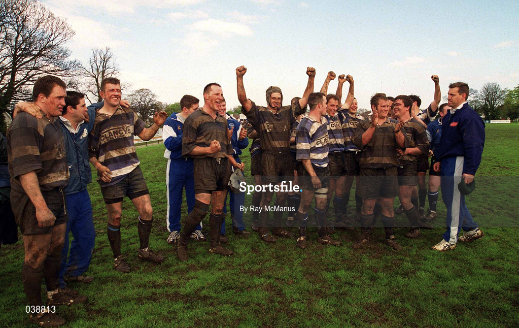 29 April 2000; Old Crescent players celebrate the announcenment that they are to be promoted following their side's draw during the AIB All-Ireland League Division 2 match between Blackrock College and Old Crescent at Stradbrook Road in Dublin. Photo by Ray McManus/Sportsfile