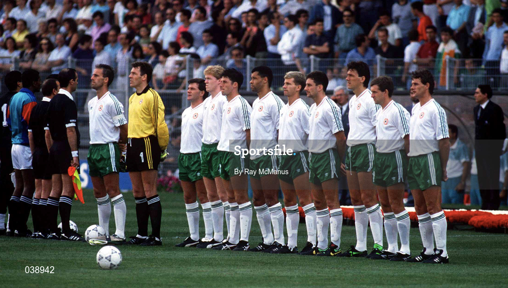 17 June 1990; The Republic of Ireland team from left, captain Mick McCarthy, Packie Bonner, Ray Houghton, Steve Staunton, Andy Townsend, Paul McGrath, Chris Morris, John Aldridge, Tony Cascarino, Kevin Sheedy and Kevin Moran ahead of the FIFA World Cup 1990 Group F match between Republic of Ireland and Egypt at Stadio La Favorita in Palermo, Italy. Photo by Ray McManus/Sportsfile