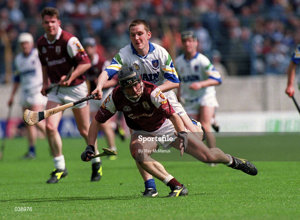 30 April 2000; Rory Gantley of Galway in action against Ken McGrath of Waterford during the Church & General National Hurling League Division 1 Semi-Final match between Galway and Waterford at Semple Stadium in Thurles, Tipperary. Photo by Ray McManus/Sportsfile