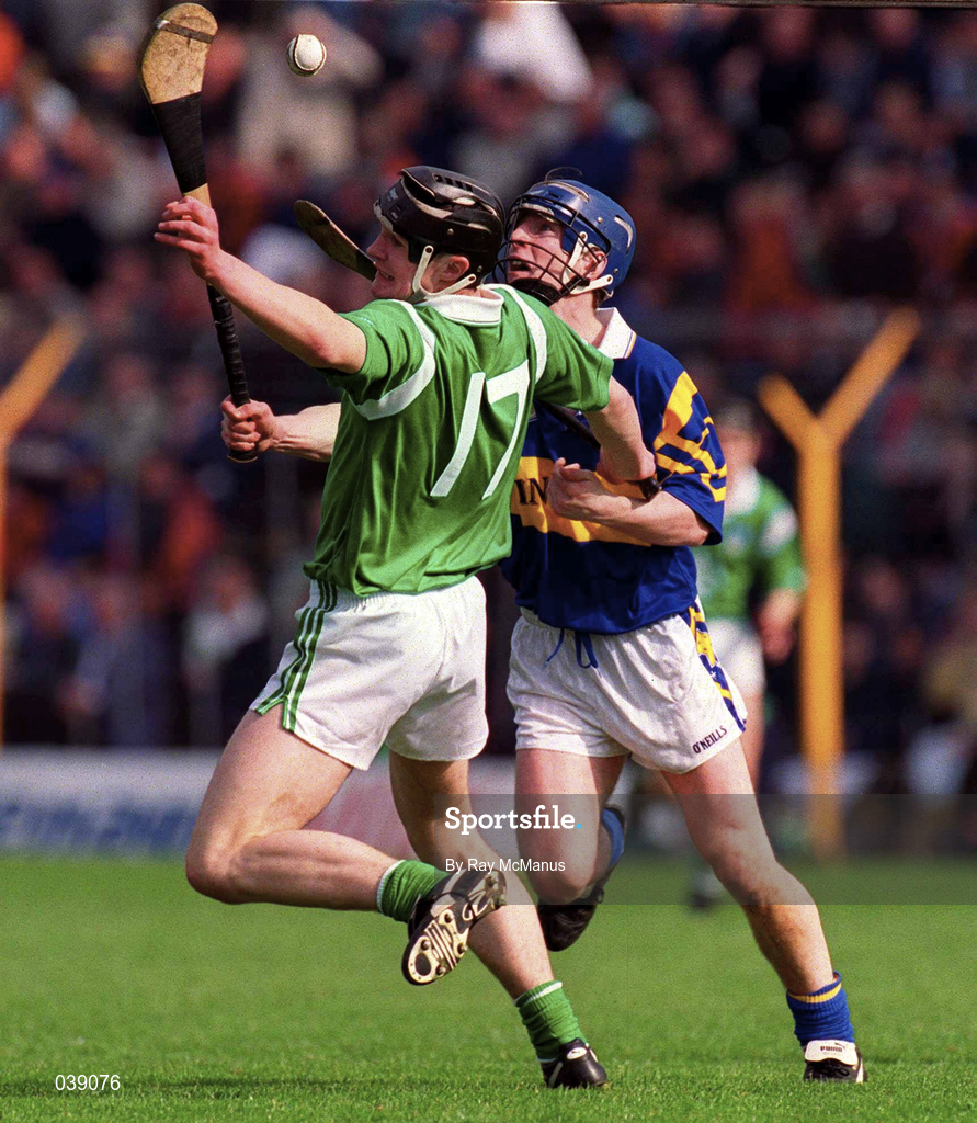 30 April 2000; Stephen Lucey of Limerick in action against John Leahy of Tipperary during the Church & General National Hurling League Division 1 Semi-Final match between Tipperary and Limerick at Semple Stadium in Thurles, Tipperary. Photo by Ray McManus/Sportsfile