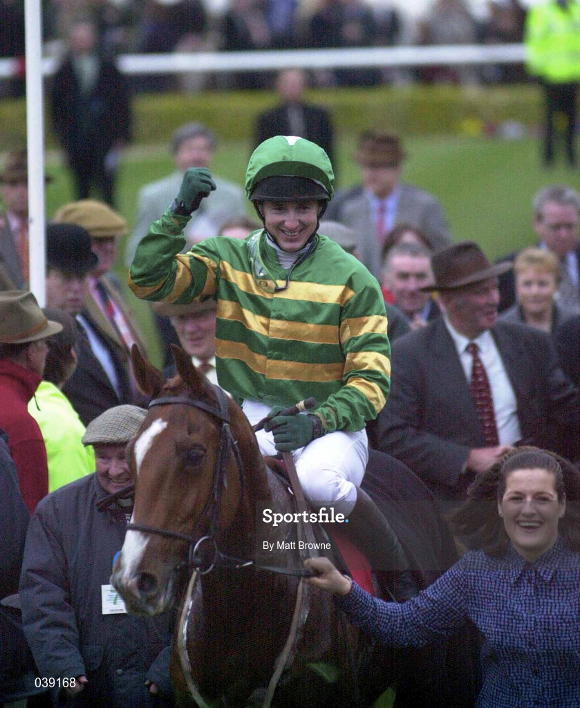 16 March 2000; Jockey Tony Dobbin celebrates after winning the County Handicap Hurdle on Master Tern during Day Three of the Cheltenham Racing Festival at Prestbury Park in Cheltenham, England. Photo by Matt Browne/Sportsfile