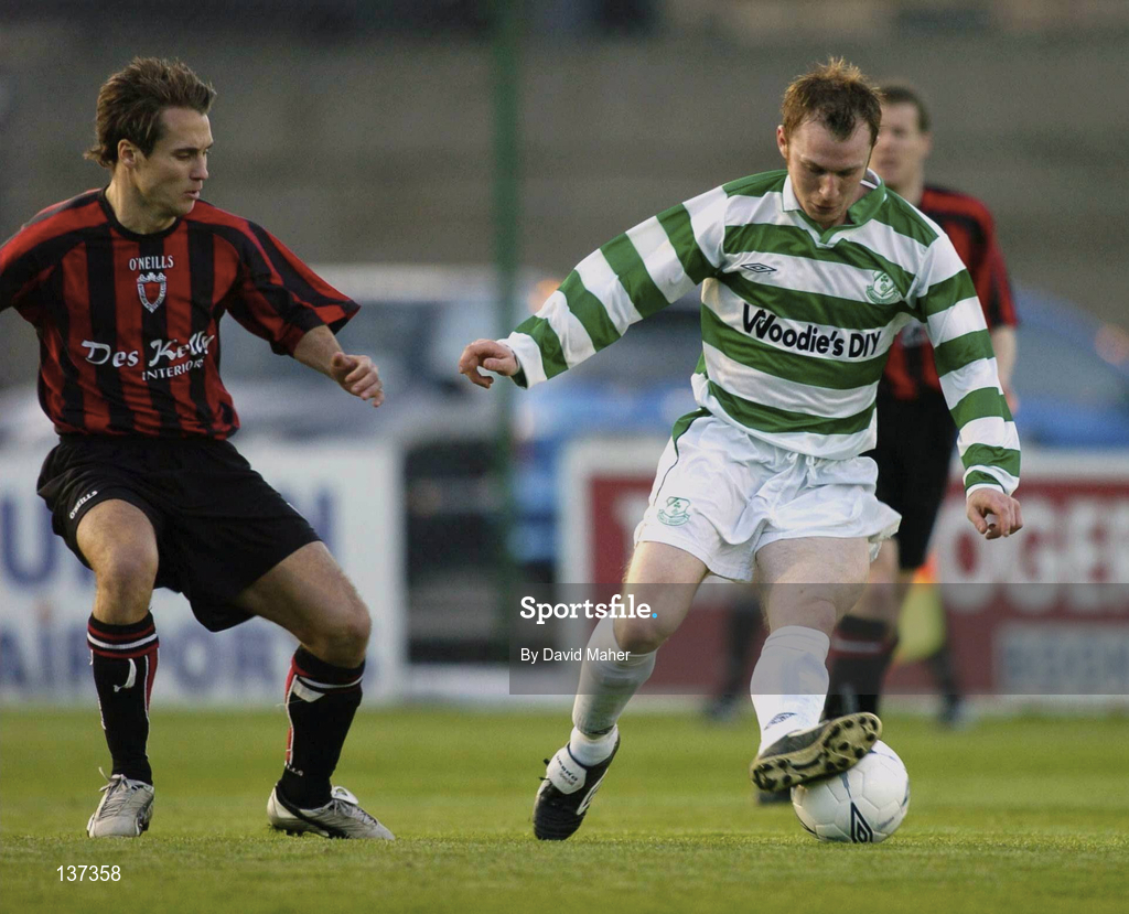 16 April 2004; revor Molloy of Shamrock Rovers in action against Kevin Hunt of Bohemians during the Eircom League Premier Division match between Bohemians and Shamrock Rovers at Dalymount Park in Dublin. Photo by David Maher/Sportsfile